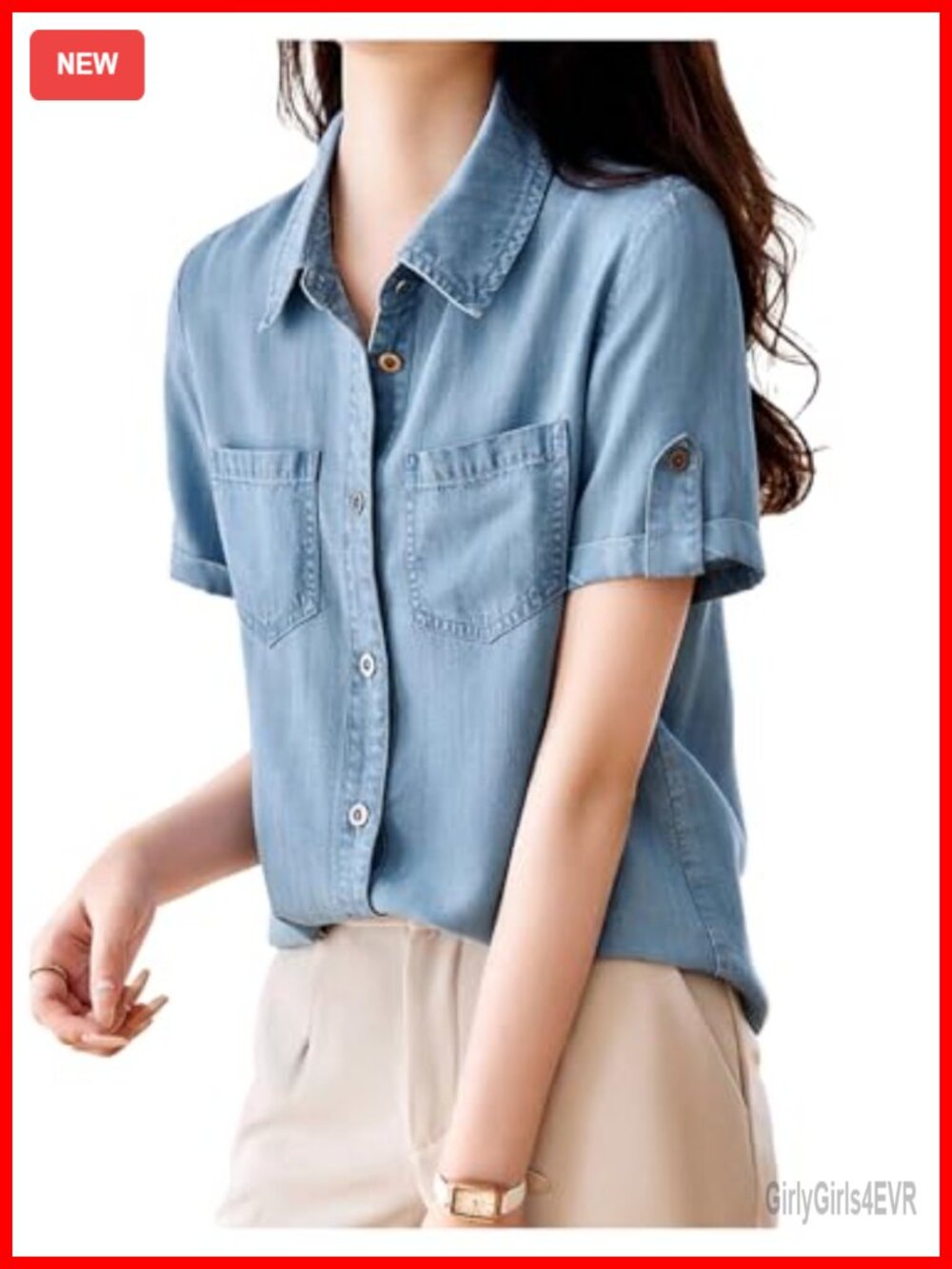 Women's Button Down Denim Blouse Short Sleeve Collared Pocket Top